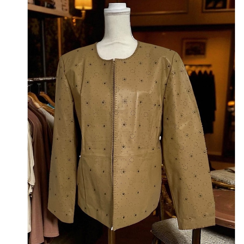 Pamela McCoy Collections Tan Laser Cut Leather Jacket Size L